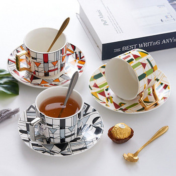 Европейски стил, светла, луксозна геометрия, цветна керамична чаша за кафе с лъжица, подарък за домакинско кафене