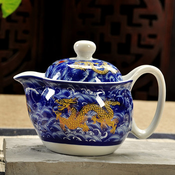 Ретро китайски кунг-фу керамичен чайник с цедка Ръчно изработена кана за чай пуер с драконово цвете 350 мл порцеланов самовар кунгфу чайник