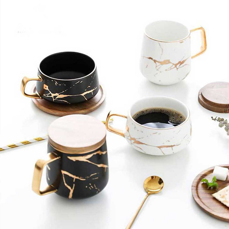 Мраморни чаши за кафе Матирани луксозни прибори за чай Чай Вода Мляко Чаши Кондензирани прибори Керамична чаша Чинийка Костюм с комплект лъжица за съдове Ins