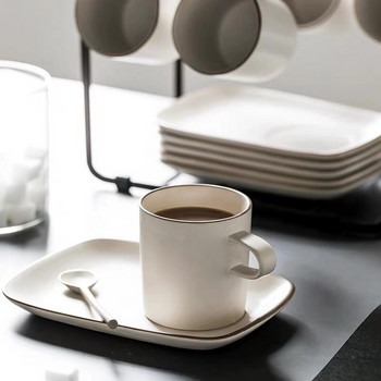 KINGLANG Японски ретро комплект чаши с чинийки Керамична чаша за закуска за кафе Комплект каменинови чаши