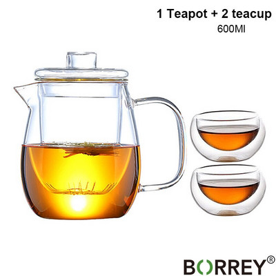 BORREY stiklo arbatos puodo ir puodelio rinkinys karščiui atsparus stiklinis arbatinukas su nuimamu infuziniu Puer virduliu Kung Fu arbatos rinkinys gėlių arbatinukas