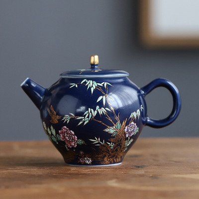 Ceainice din ceramică de lux Palace de 200 ml, cu flori și păsări pictate manual, ceainic de călătorie cu filtru portabil, ceainic acasă, set de ceai pentru băuturi