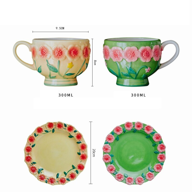 Relief Flower Underglaze kerámia bögre Retro virágzó bögre Reggeli bögre csésze nagy kapacitású kávézó desszerttál
