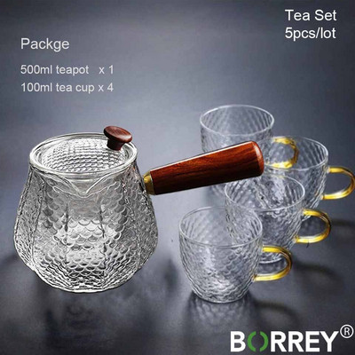 BORREY 500Ml Rankų darbo karščiui atsparus stiklinis arbatinukas arbatos indas su medine rankena Verdantis arbatos virdulys Kavos puodas Puer virdulys