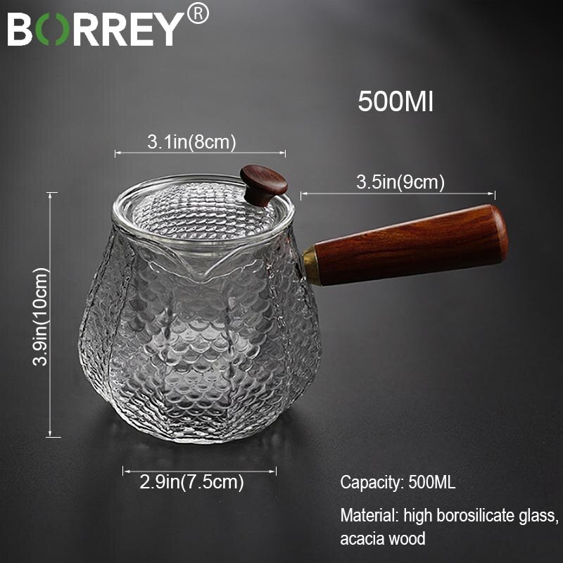 BORREY 500Ml Rankų darbo karščiui atsparus stiklinis arbatinukas arbatos indas su medine rankena Verdantis arbatos virdulys Kavos puodas Puer virdulys
