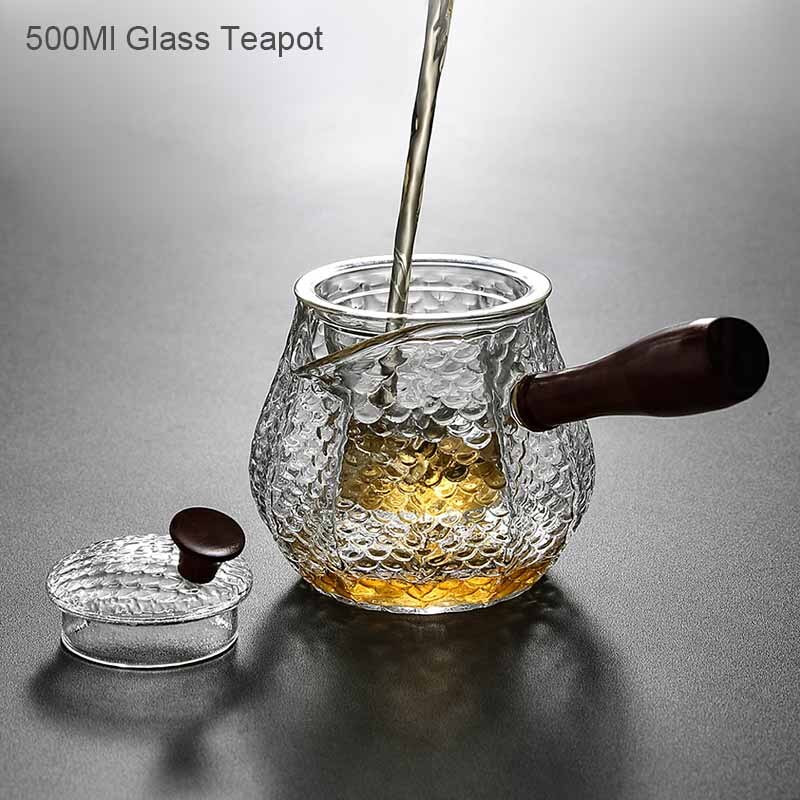 BORREY 500Ml Rankų darbo karščiui atsparus stiklinis arbatinukas arbatos indas su medine rankena Verdantis arbatos virdulys Kavos puodas Puer virdulys