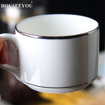HOUSEEYOU Бяла керамична чаша за кафе Комплект чинийки Пигментирана порцеланова чаша за следобеден чай Комплект чаши за чай с лъжица от неръждаема стомана 304