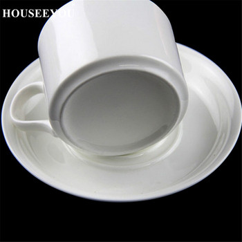 HOUSEEYOU Бяла керамична чаша за кафе Комплект чинийки Пигментирана порцеланова чаша за следобеден чай Комплект чаши за чай с лъжица от неръждаема стомана 304