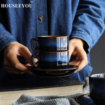 HOUSEEYOU Наситено синя керамична чаша за кафе Комплект чинийки Чаша за закуска Чаша за следобеден чай Античен син цвят Чаша за кафе за еспресо