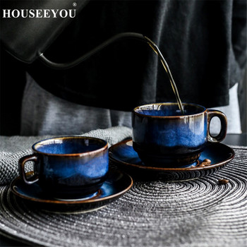 HOUSEEYOU Наситено синя керамична чаша за кафе Комплект чинийки Чаша за закуска Чаша за следобеден чай Античен син цвят Чаша за кафе за еспресо