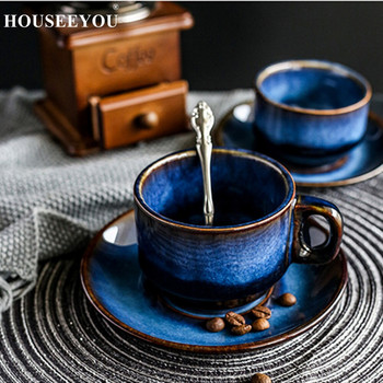 HOUSEEYOU Deep Blue Κεραμικό Σετ Πιατάκι για Φλιτζάνι Καφέ Φλιτζάνι τσαγιού Πρωινό Φλιτζάνι Απογευματινό Τσάι Antique Blue Color Φλιτζάνι καφέ εσπρέσο