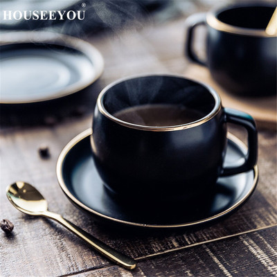 Керамична чаша за кафе и чинийка Черен пигментиран порцеланов комплект чаши за чай с лъжица от неръждаема стомана 304 Домашен ресторант Използване в офиса