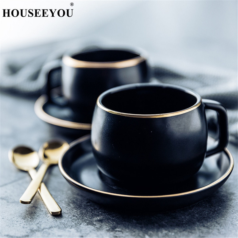 Keraamiline kohvitass ja alustass mustast pigmenteeritud portselanist teetassi komplekt roostevabast terasest 304 lusikaga kodurestorani kontoris kasutamiseks