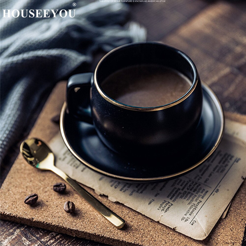 Keraamiline kohvitass ja alustass mustast pigmenteeritud portselanist teetassi komplekt roostevabast terasest 304 lusikaga kodurestorani kontoris kasutamiseks