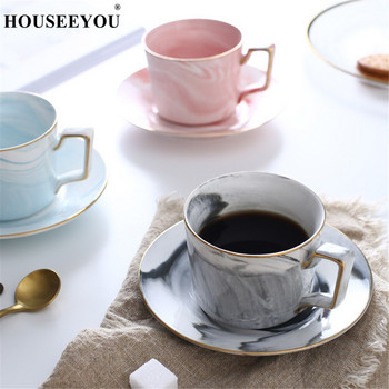HOUSEEYOU Ръчно рисувана висококачествена чаша за кафе Комплект чинийки Чаша за чай Мраморна шарка в европейски стил Керамична чаша за сутрешен следобеден чай