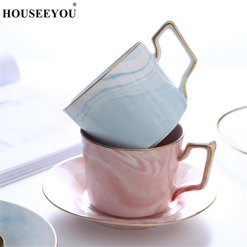 HOUSEEYOU rankomis dažytas aukštos kokybės kavos puodelio lėkštės rinkinys arbatos puodelis europietiško marmurinio rašto keramikinis rytinio popietės arbatos puodelis