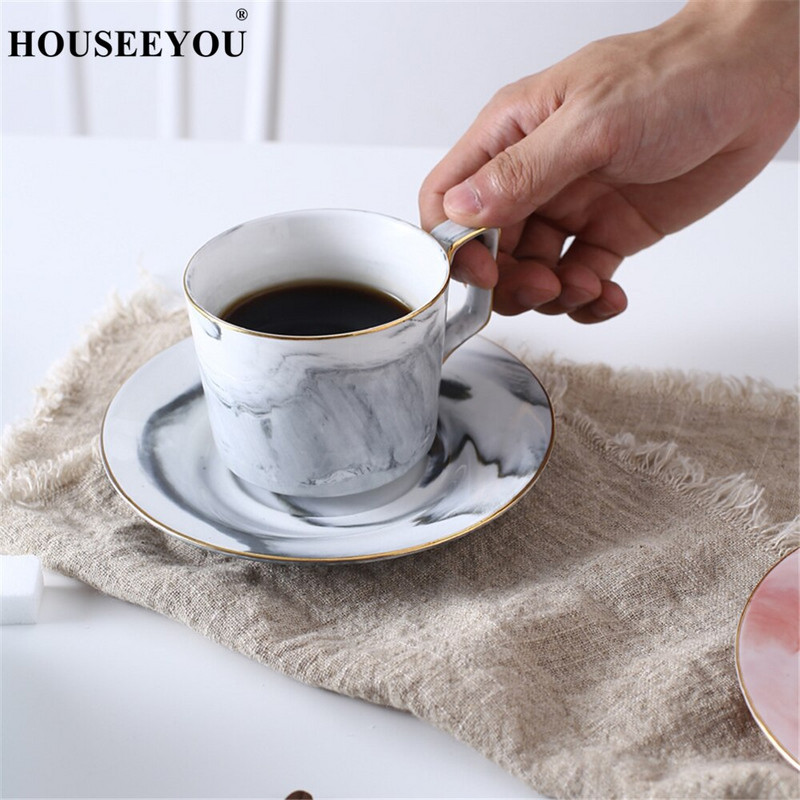 HOUSEEYOU rankomis dažytas aukštos kokybės kavos puodelio lėkštės rinkinys arbatos puodelis europietiško marmurinio rašto keramikinis rytinio popietės arbatos puodelis