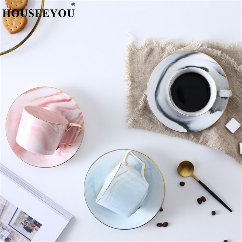 HOUSEEYOU rankomis dažytas aukštos kokybės kavos puodelio lėkštės rinkinys arbatos puodelis europietiško marmurinio rašto keramikinis rytinio popietės arbatos puodelis