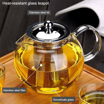 BORREY Прозрачен чайник от боросиликатно стъкло с инфузионен филтър Държач за чайник Топлоустойчива кана за чай от листа, комплект инструменти, чайник