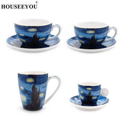 Set de farfurioare, cești de cafea cu pictură cu cer înstelat Van Gogh, din ceramică, căni cu latte pentru birou, seturi de ceai de după-amiază