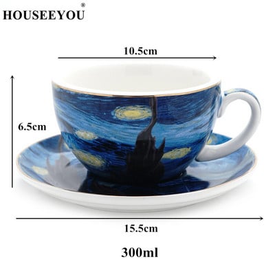 Set de farfurioare, cești de cafea cu pictură cu cer înstelat Van Gogh, din ceramică, căni cu latte pentru birou, seturi de ceai de după-amiază