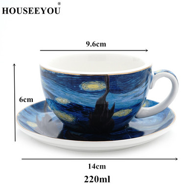 Set de farfurioare, cești de cafea cu pictură cu cer înstelat Van Gogh, din ceramică, căni cu latte pentru birou, seturi de ceai de după-amiază