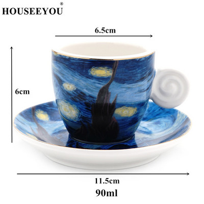 Set de farfurioare, cești de cafea cu pictură cu cer înstelat Van Gogh, din ceramică, căni cu latte pentru birou, seturi de ceai de după-amiază