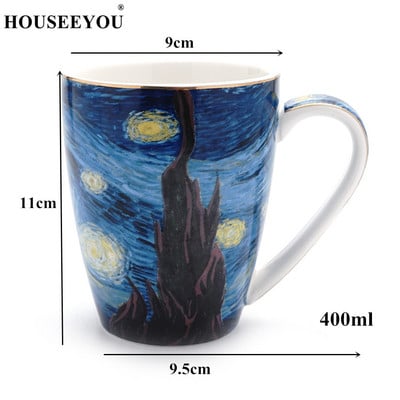 Set de farfurioare, cești de cafea cu pictură cu cer înstelat Van Gogh, din ceramică, căni cu latte pentru birou, seturi de ceai de după-amiază