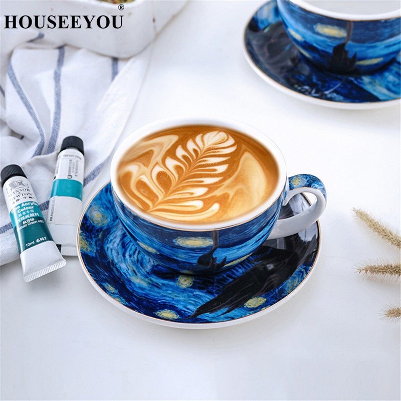 Set de farfurioare, cești de cafea cu pictură cu cer înstelat Van Gogh, din ceramică, căni cu latte pentru birou, seturi de ceai de după-amiază