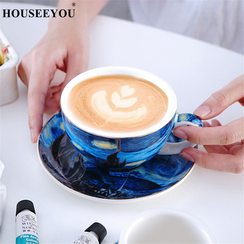 Set de farfurioare, cești de cafea cu pictură cu cer înstelat Van Gogh, din ceramică, căni cu latte pentru birou, seturi de ceai de după-amiază