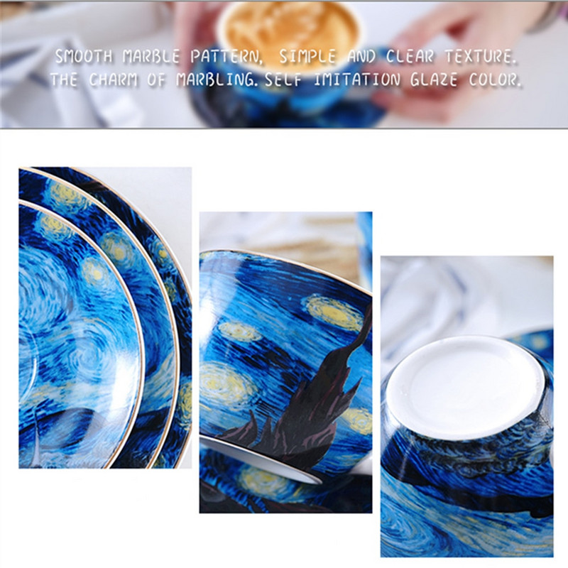 Set de farfurioare, cești de cafea cu pictură cu cer înstelat Van Gogh, din ceramică, căni cu latte pentru birou, seturi de ceai de după-amiază