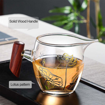 BORREY Японска чаша за чай Топлоустойчива стъклена дървена дръжка Справедлива чаша Кунг-фу съдове за пиене Прозрачен дозатор за чай Купа за чай Пуер чаша