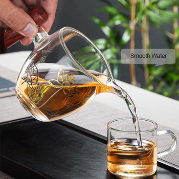 BORREY Японска чаша за чай Топлоустойчива стъклена дървена дръжка Справедлива чаша Кунг-фу съдове за пиене Прозрачен дозатор за чай Купа за чай Пуер чаша