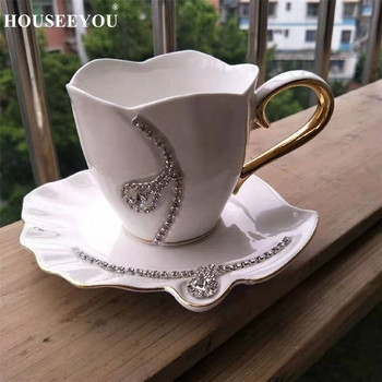HOUSEEYOU Европейски луксозни кристали Колие Декор Мляко Кафе Чаша Комплект чинийки Чаши Чаши Чаши Чаша за сватбени подаръци за влюбени