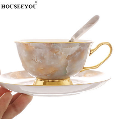 Marmurinis auksinis kraštas Glazūruotas Bone China kavos puodelių rinkinys Angliškos raudonosios arbatos puodelis Kontinentinis keramikinis kavos puodelis lėkštė popietės arbatos puodelis