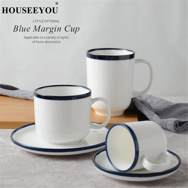 HOUSEEYOU Nordic Simple Blue Margin kávéscsésze csészealj készlet Teáscsészék Kerámia csésze bögre Advanced Porcelán Valentin délutáni teáscsésze