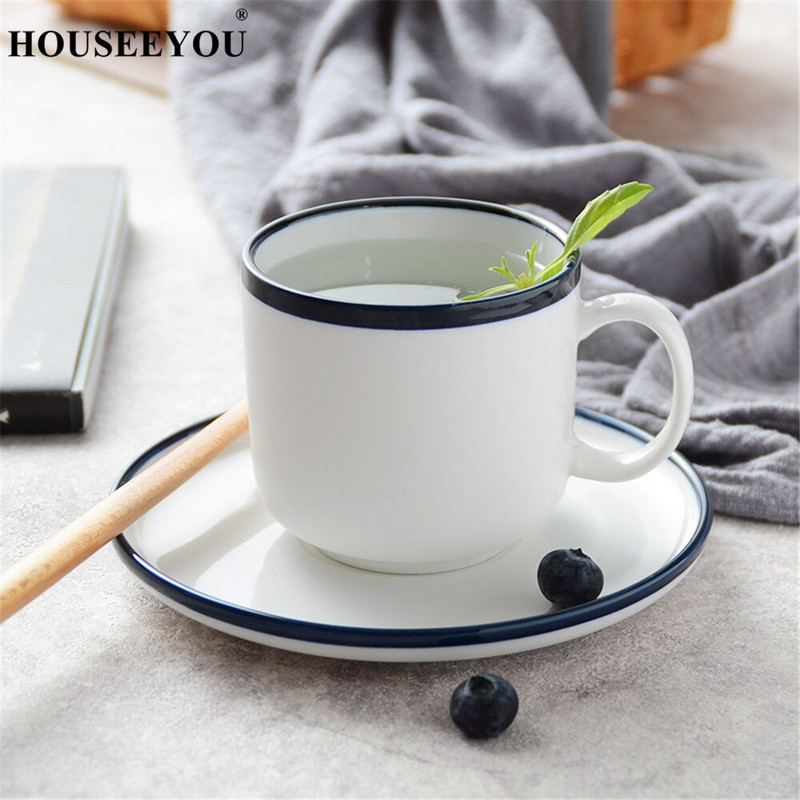 HOUSEEYOU Nordic Simple Blue Margin kávéscsésze csészealj készlet Teáscsészék Kerámia csésze bögre Advanced Porcelán Valentin délutáni teáscsésze