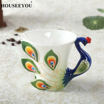 1 τεμ. Peacock Coffee Cup Ceramic Creative Cups Bone China Τρισδιάστατο έγχρωμο φλιτζάνι πορσελάνης με σμάλτο με πιατάκι και σετ τσαγιού καφέ με κουτάλι