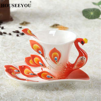 1 бр. Паунова чаша за кафе Керамични креативни чаши Костен Китай 3D цветна емайлирана порцеланова чаша с чинийка и лъжица Комплекти за кафе и чай