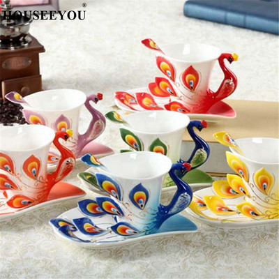 1 buc. ceașcă de cafea cu păun, cești creative din ceramică, porțelan, smalț, culoare 3D, cu farfurie și lingură, seturi de ceai de cafea