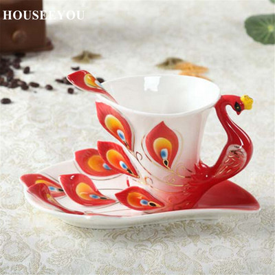 1 kom Paunova šalica za kavu Keramičke kreativne šalice Bone China 3D boja emajlirana porculanska šalica s tanjurićem i žličicom Setovi za kavu i čaj