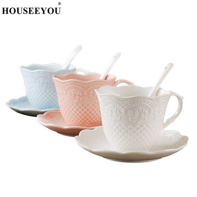 HOUSEEYOU European Emboss Rose stílusú kávéscsésze csészealj készlet teáscsészék Egyszerű brit délutáni tea csésze bár Otthoni irodai ivás