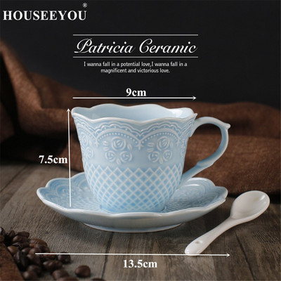 HOUSEEYOU European Emboss Rose stílusú kávéscsésze csészealj készlet teáscsészék Egyszerű brit délutáni tea csésze bár Otthoni irodai ivás