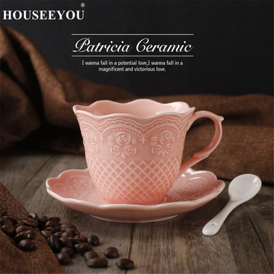 HOUSEEYOU European Emboss Rose stílusú kávéscsésze csészealj készlet teáscsészék Egyszerű brit délutáni tea csésze bár Otthoni irodai ivás
