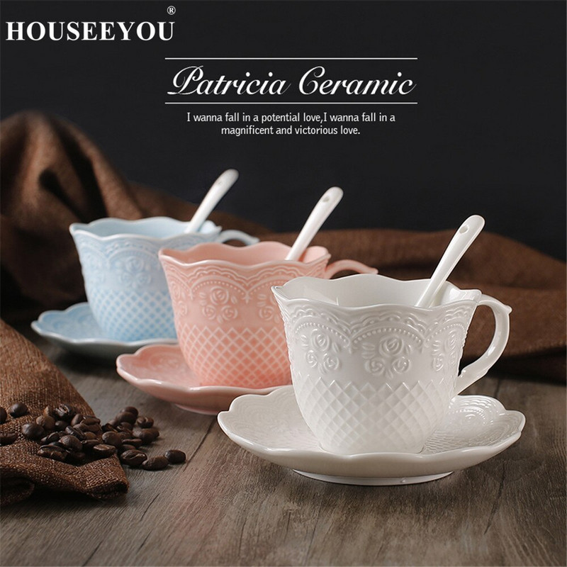 HOUSEEYOU European Emboss Rose stílusú kávéscsésze csészealj készlet teáscsészék Egyszerű brit délutáni tea csésze bár Otthoni irodai ivás