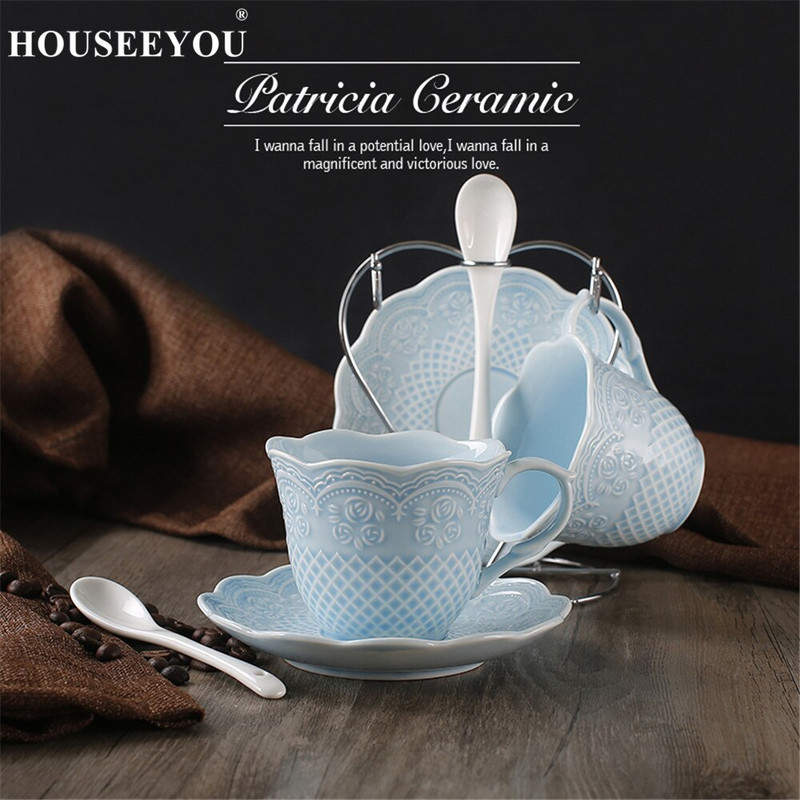 HOUSEEYOU European Emboss Rose stílusú kávéscsésze csészealj készlet teáscsészék Egyszerű brit délutáni tea csésze bár Otthoni irodai ivás