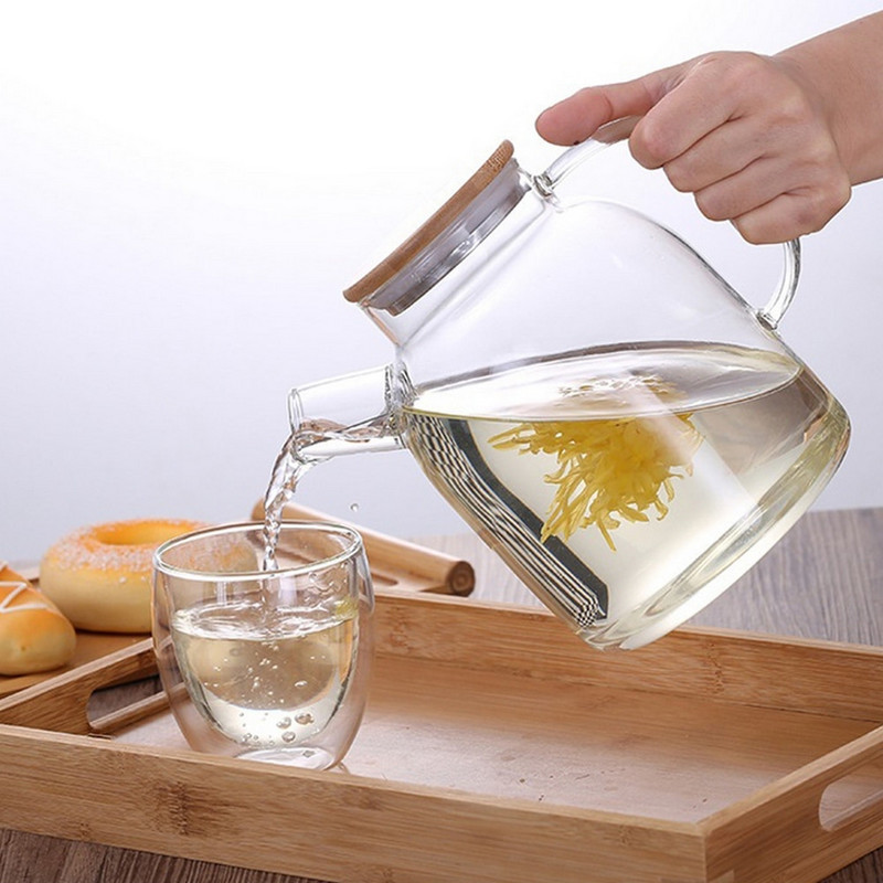 Stikliniai vandens ąsočiai Skaidrus stiklinis arbatinukas 1l/1,8l Didelės talpos storas karščiui atsparus buitinis gėlių arbatinukas su bambukiniu dangteliu