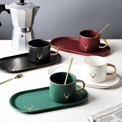 Nordic Style Light Luxury Elk kerámia kávéscsésze hosszú ovális csészealj készletek teáskanál délutáni teás bögrével teáscsésze desszert tányérkészletek