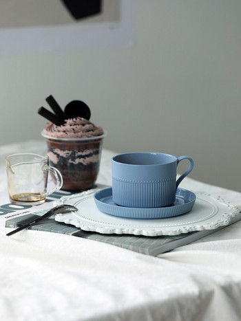 SWEETGO Παγωμένο Κεραμικό Φλιτζάνι Μπλε/Λευκό/Ροζ 250ml Φλιτζάνι Καφέ Γαλλικής διακόσμησης 13,5cm Πιατάκι για σκεύη για πόσιμο τσάι με γάλα