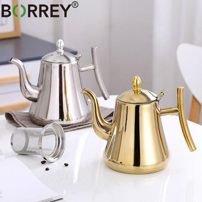 BORREY 1L/1.5L/2L Саксия за кафе от неръждаема стомана Златен чайник с филтър Метален чайник Газов котлон Индукционна готварска печка Чайник за вода